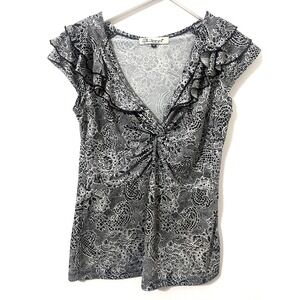 UNBRANDED Ruffle Cap Sleeve Top Women M Black White Paisley Lace Print Y2K Retro